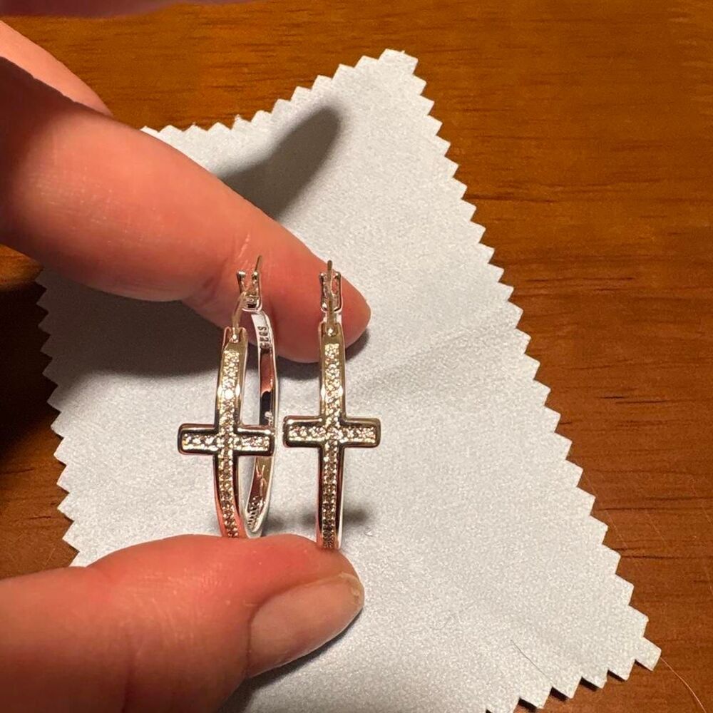 Silver Christian Cross Hoop Earrings